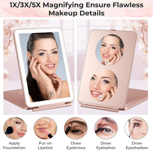 Portable Rechargeable Travel Makeup Vanity Mirror - Dimmable LED Lights, 3 Lighting Modes, Rose Gold