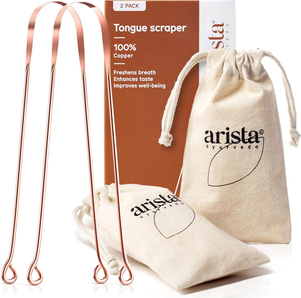 Arista Copper Tongue Scraper Kit, 2 Pack, Pure Copper Tongue Cleaner for Adults & Kids, Ayurvedic Metal Scraper