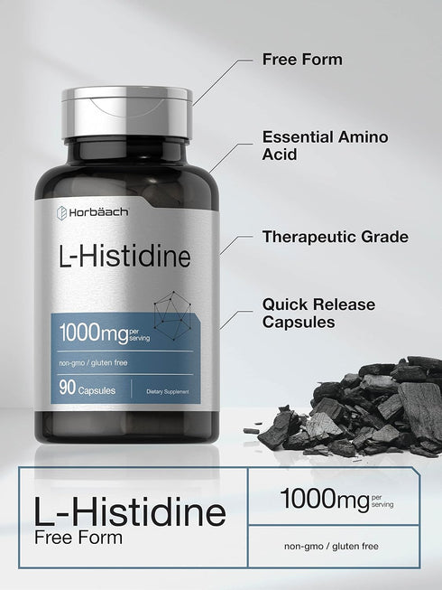 Horbaach L-Histidine 1000mg - 90 Capsules, Non-GMO and Gluten Free, Pharmaceutical Grade Supplement