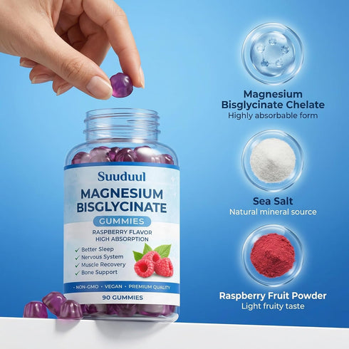 SUUDUUL Gummies, 400mg 90 Gummies Magnesium Bisglycinate High Absorption Magnesium Supplement, Raspberry Flavor