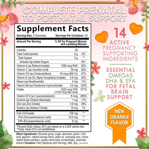 Prenatal Vitamins for Women - DHA & Folic Acid Multivitamin Gummies for Brain Development, 60 Gummies