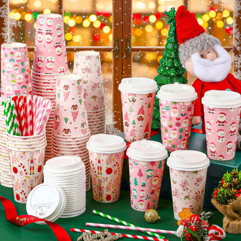 Jingmore 120 Sets 16oz Disposable Paper Coffee Cups with Lids Sleeves Straws Holiday Paper Drinking Cups Bulk for Hot