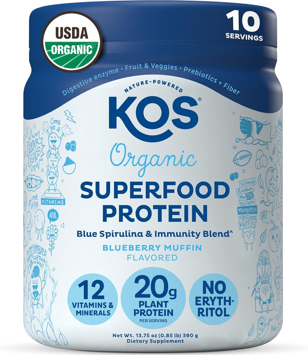 KOS Plant Based Protein Powder - Blueberry Muffin, Organic Pea Protein Superfood, Vegan Meal Replacement, 10 Servings