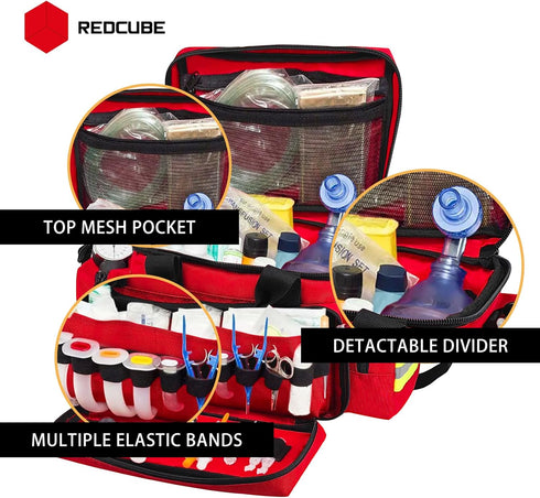 REDCUBE Emergency Bag - First Aid Empty Bags, Professional Multiple Compartment Kit Carrier for Emergency Medical