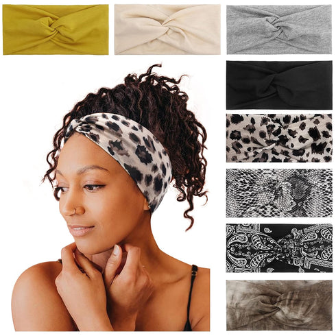 Tobeffect 8 Pack Turban Headbands for Women, Non Slip Leopard Print Boho Accessories, Elastic Hair Band