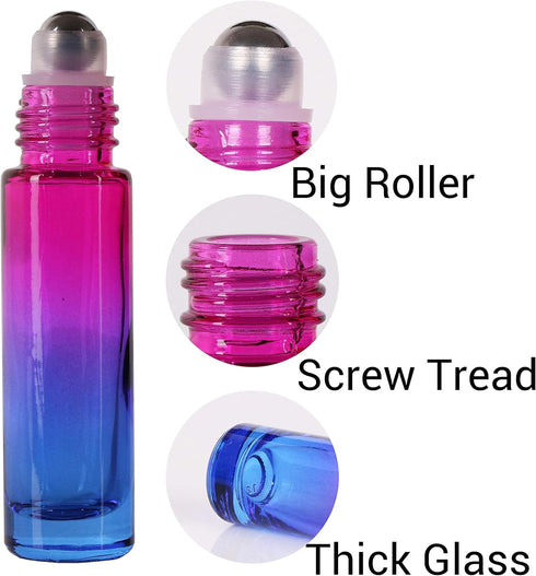inice 12 Pack Gradient Color Roller Bottles, 10ml Glass Essential Oils Applicator with Golden Metal Cap