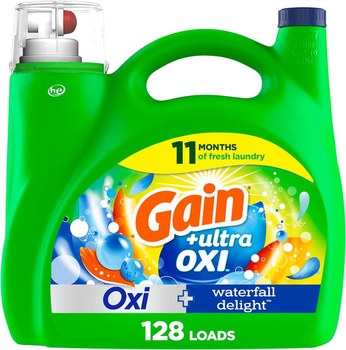 Gain Ultra Oxi Liquid Laundry Detergent, 128 loads, 184 fl oz, Waterfall Delight Scent, HE Compatible 2-in-1