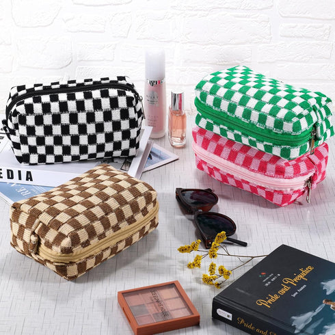 4Pcs Checkered Makeup Bag for Women Knitted Small Cosmetic Bag Travel Makeup Pouch for Purse Zipper Toiletry Organizer Cute Aesthetic Girls Makeup Brushes Storage Bag (Green/Black/Pink/Brown)