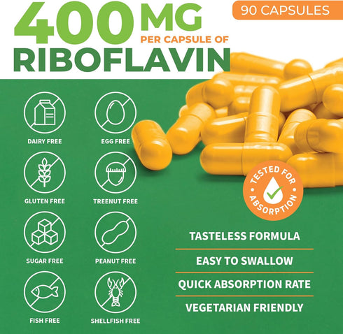ForestLeaf Vitamin B2 Riboflavin 400mg - Energy, Skin & Cellular Health Supplement - Nervous System Support - Vitamin B 2 VIT B - Non-GMO & Gluten Free - B2 Vitamin 400mg Vegetable Capsules, 90 Count