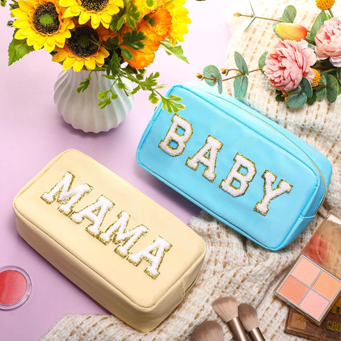 Sanwuta Nylon Cosmetic Bag Pouch, 2 Pieces Chenille Letter Makeup Bag, Zipper Travel Toiletries Bag for Women and Girls