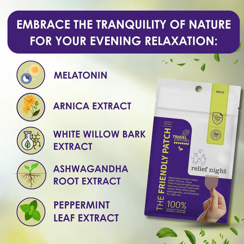 Relief Night Patch - 8 pack with Arnica, White Willow Bark, Melatonin for Soreness and Sleep