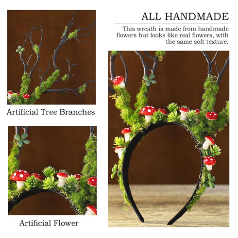 MOSTORY Green Mushroom Branch Headband - Handmade Woodland Hairband for Women Girls Cosplay Party
