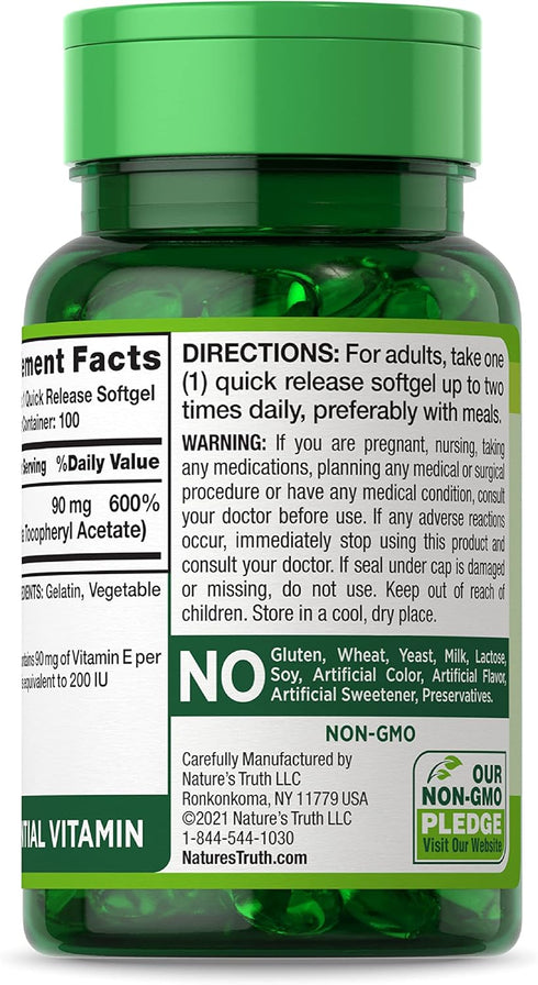 Nature's Truth Vitamin E Softgels | 200 IU | 100 Softgels | Non-GMO, Gluten Free Supplement