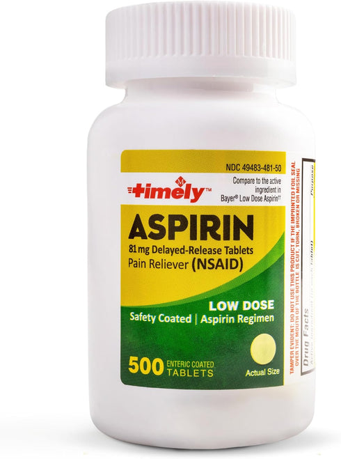 Timely Low Dose Aspirin 81mg, 500 Tablets, Pain Reliever for Minor Aches and Pains, Fever Reducer - Made in USA