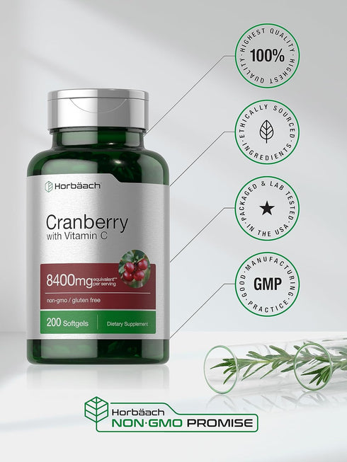 Horbaeach Cranberry Pills with Vitamin C | 8400mg | 200 Softgels | Non-GMO, Gluten Free Concentrate Extract Supplement