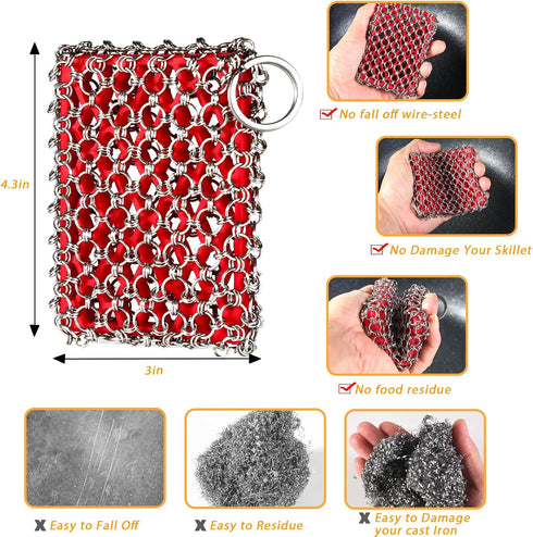Cast Iron Scrubber, Chainmail Scrubber for Cast Iron Pan, Metal Sponge Cleaner for Skillet, Wok & Dutch Oven