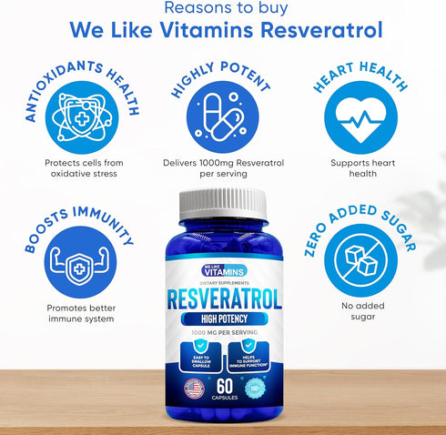 We Like Vitamins Resveratrol 1000mg Supplement, 60 Easy to Swallow Veggie Capsules, Antioxidant for Immune Support