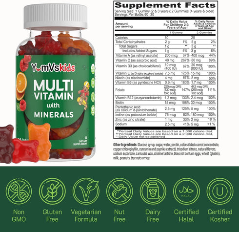 YumVs Kids Multivitamin Gummies, 60 Count - Fruit Flavored Chewable Children's Multivitamin with 12 Minerals & Vitamins