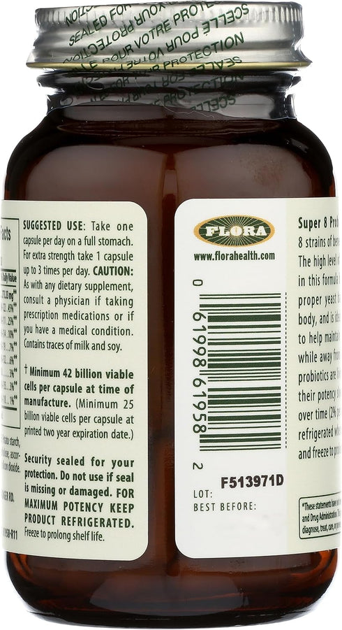 Flora Super 8 Hi Potency Probiotics - 30 Count - 42 Billion CFU, Raw, Gluten Free - Healthy Yeast Balance & Digestive