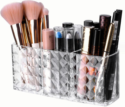 KNC 3 Compartment Acrylic Cosmetic Brushes Storage, Makeup Brush Holder Organizer for Bathroom Vanity and More