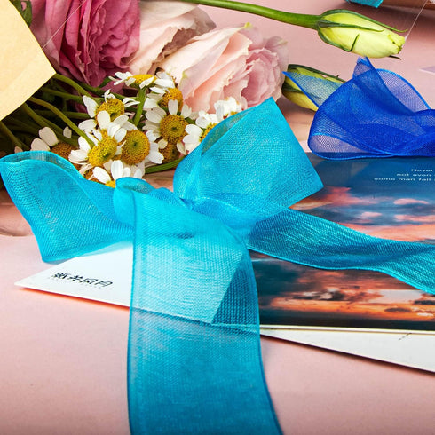 Blue Organza Ribbon 6 Rolls, 1 Inch Wide, Sheer Chiffon for Gift Wrapping