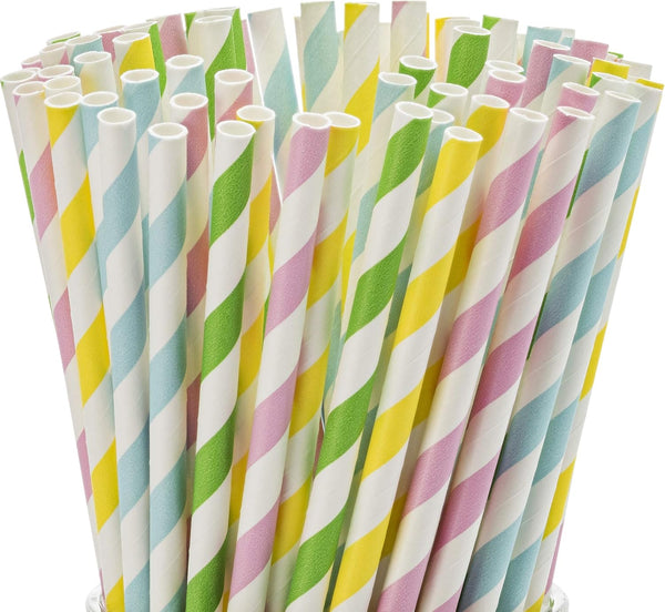 Paper Straws Biodegradable, 200 Pack, Striped Multi Colored, BPA-Free Disposable 8.25" Long Straw for Parties
