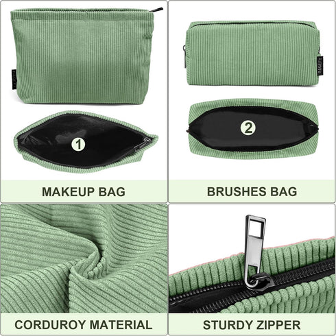 MAGEFY Makeup Bag, 2 PCS Corduroy Makeup Bag for Purse, Cute Travel Cosmetic Pouch for Women and Essentials