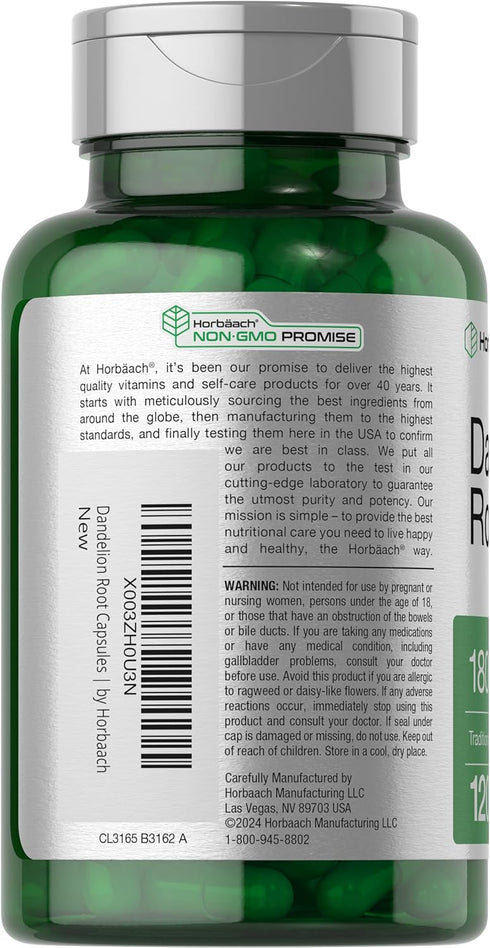 Horbaach Dandelion Root Supplement 1800mg | 120 Capsules | Non-GMO, Gluten Free