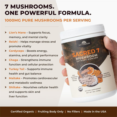 Sacred 7 Organic Mushroom Supplement, 100% Fruiting Body Extract Powder with Lions Mane, Reishi, Chaga & More