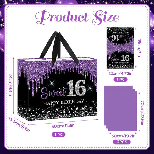 Yoirrat 16 16th Sweet Gift Bag with Wrapping Tissue Paper & Card Large Purple Black Glitter Happy Birthday Gift Bags