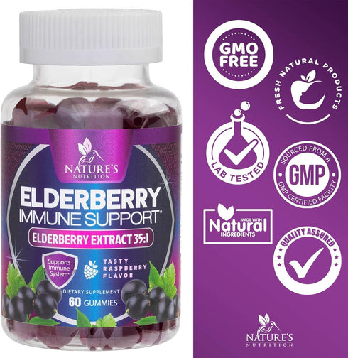 Sambucus Elderberry Immune Gummies - Daily Support for Kids & Adults - 60 Gummies, 35:1 Extract Equivalent to 4200mg