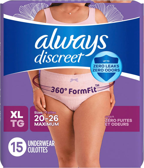 Always Discreet Adult Incontinence Underwear for Women, Extra Large, 15 Count, Up to 100% Bladder Leak Protection
