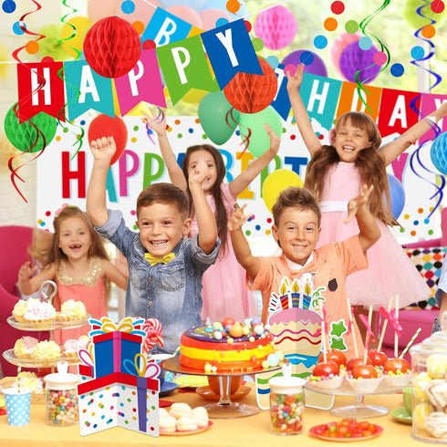 Happy Birthday Decorations Kit - Banner, Plastic Backdrop, Circle Confetti Garland, Streamers & Balloons