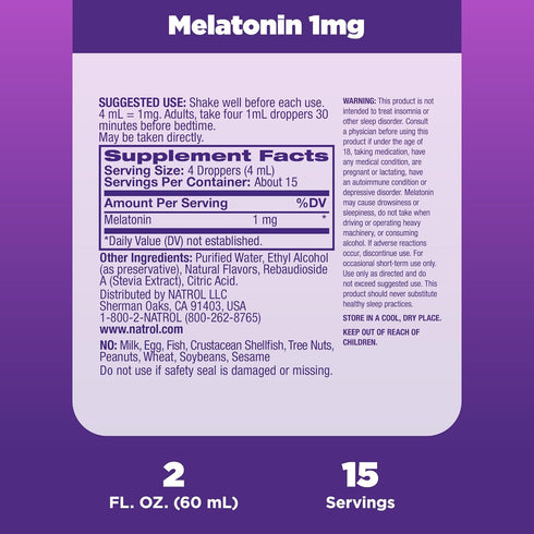 Natrol Sleep Liquid Melatonin 1mg, Berry-Flavored Liquid Sleep Aid for Adults, 2 Fl Oz, 15 Servings