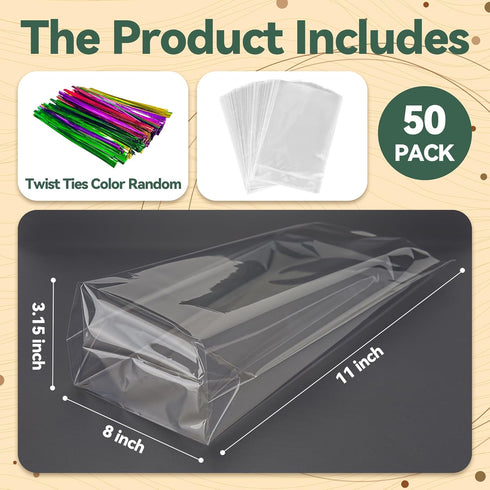 NPLUX 50 Pack Cellophane Bags, Clear Flat Bottom Treat Bags with Twist Ties for Candy and Small Gift Wrapping