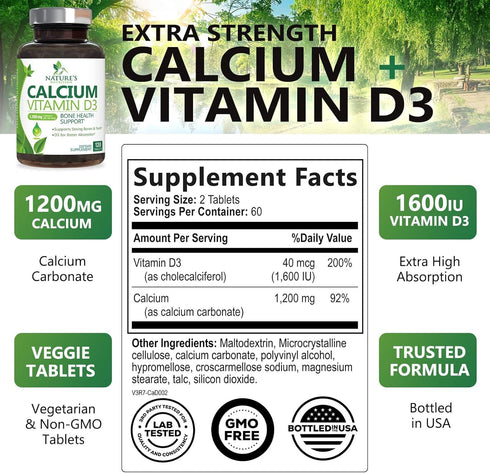 Calcium Supplement with Vitamin D - 1200 mg Calcium Carbonate with 1600 IU D3 Vitamins, 120 Tablets for Bone Health