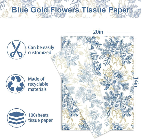 JarThenaAMCS 100 Sheet Floral Tissue Paper Blue Gold Flower Berry Wrapping Paper Vintage Art Tissue for Wedding Birthday Baby Bridal Shower DIY Crafts Gift Packing by JarThenaAMCS