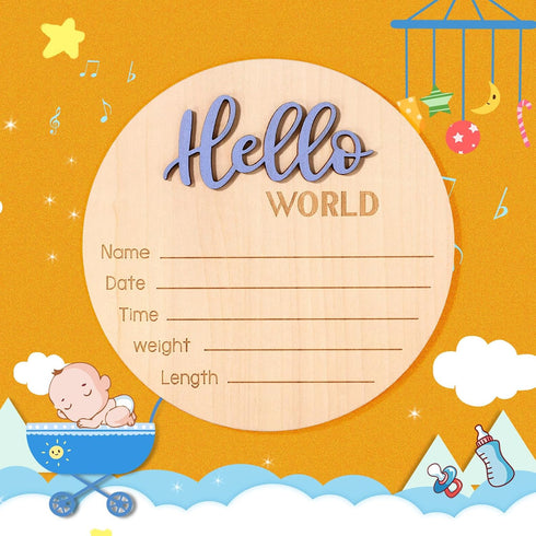 NQEUEPN 5.9 Inch/15cm Newborn Announcement Sign, Wooden Hello World Plaques Baby Welcome Sign Birth Newborn Name