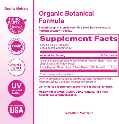 Pink Stork Maca Root Capsules for Women Organic Maca with BioPerine for Hormonal Balance, Energy + Wellness Supports