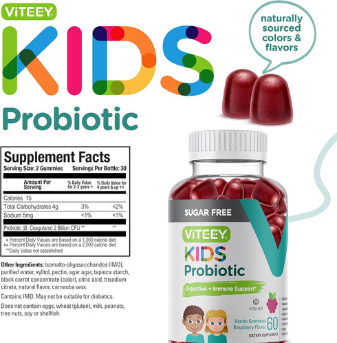 Probiotic Gummies for Kids - 2 Billion CFUs - Chewable Raspberry Flavored Gummy - Vegan, Gelatin Free, GMO Free -
