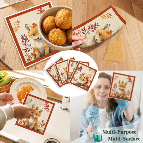 LARTSFRO 4 Pack Cute Animal Swedish Dishcloths for Kitchen Cloths Towels, Cute Deer Fox Owl Squirrel Autumn Farm House