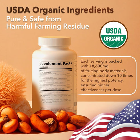 USDA Organic Lions Mane Supplement Capsules - 10x Adaptogenic Mushroom Complex - 18,600mg/serv with Ashwagandha, Chaga,