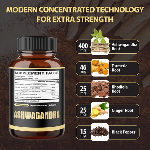 5in1 Premium Ashwagandha Capsules with Turmeric, Rhodiola Rosea, Ginger, Black Pepper - 180 Caps for 6 Months