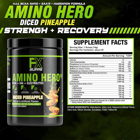 Amino Hero Diced Pineapple Flavor Post-Workout Recovery Drink, 25 Servings, Energy Powder Mix with BCAA, EAA