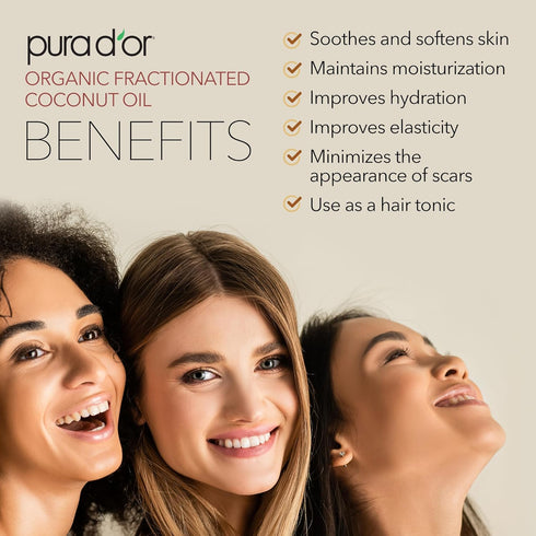 PURA D'OR 16 Oz ORGANIC Fractionated Coconut Oil - 100% Pure & Natural Cold Pressed Carrier Oil for Skin