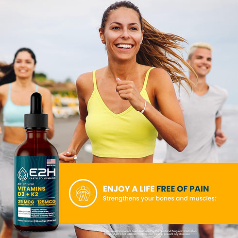 E2H EARTH TO HUMANS Vitamin D3 & K2 Supplement - Liquid Vitamin D3 5000 IU - Non-GMO, Vegan - (2 Bottles)
