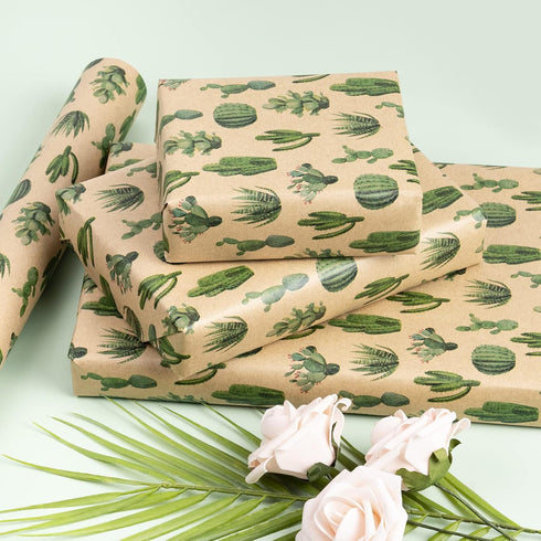RUSPEPA Kraft Wrapping Paper Roll, Mini Roll, Cactus Design for All Occasions, 17 Inches X 32.8 Feet