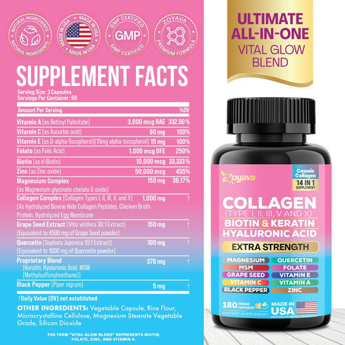 Zoyava Collagen Pills with Peptides Types I, II, III, V & X, Biotin, Keratin, Hyaluronic Acid, MSM, Vitamins A, C, E,