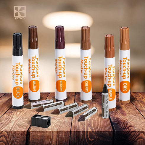 Katzco Furniture Repair Kit Wood Markers - Set of 34 - Markers and Wax Sticks with Sharpener for Stains, Scratches,