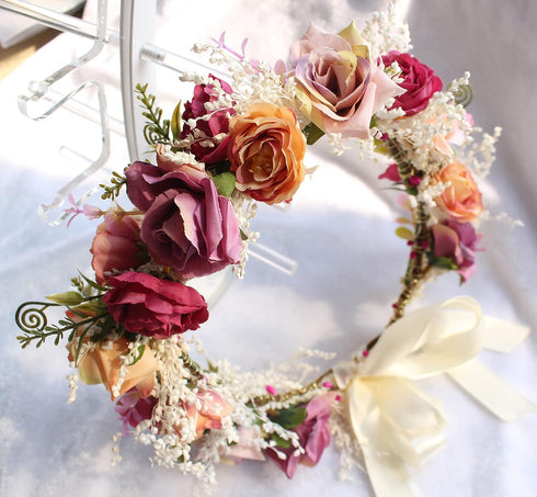 Vivivalue Pink Rose Flower Crown Boho Headband, Floral Halo for Wedding Party Festival Photos